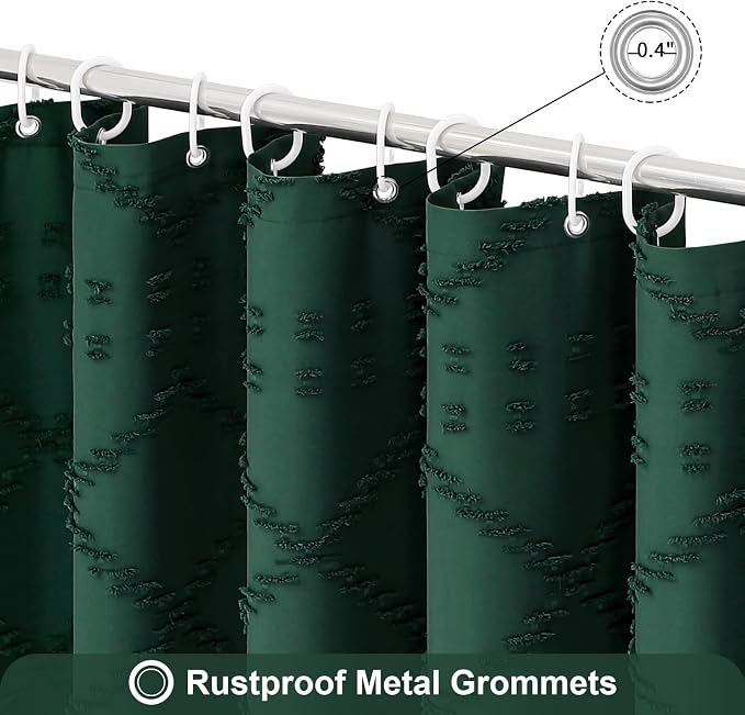 Dark Green Boho Fabric Shower Curtain with Tassel 72x84, Tufted Textured | Modern Farmhouse Curtain for Bathroom, Extra Long Bathroom Curtain, Minimalist Decor, Waterproof