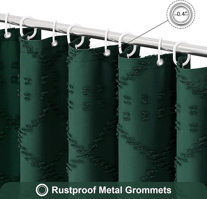 Dark Green Boho Fabric Shower Curtain with Tassel 72x84, Tufted Textured | Modern Farmhouse Curtain for Bathroom, Extra Long Bathroom Curtain, Minimalist Decor, Waterproof