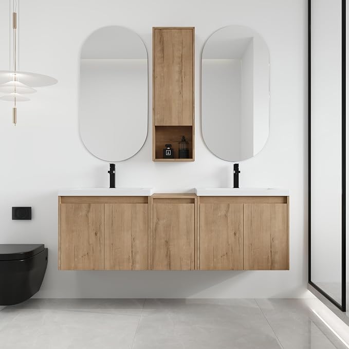 60'' Floating Bathroom Vanity with Double Sink, and 1 Side Cabinet, Brown | Double Sink Combo with 12" Side Cabinet, Plywood Cabinet, Resin Basin, Ample Storage, Soft-close Hinge, Assembly Required