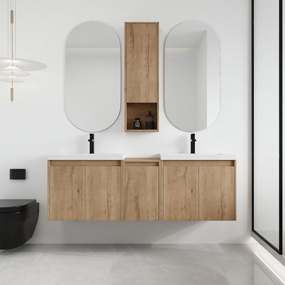 60'' Floating Bathroom Vanity with Double Sink, and 1 Side Cabinet, Brown | Double Sink Combo with 12" Side Cabinet, Plywood Cabinet, Resin Basin, Ample Storage, Soft-close Hinge, Assembly Required