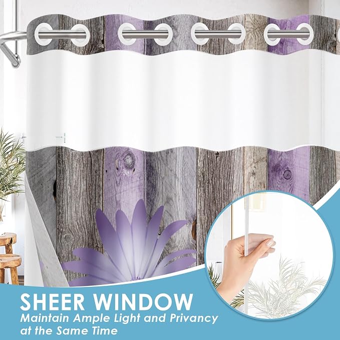 No Hook Shower Curtain with Snap in Liner 71x74 Inch Purple Rustic | Daisy Butterfly Farmhouse Modern Double Layers Waterproof Fabric with See Through Top Window Open Grommet Bath Curtain