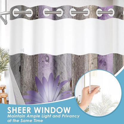 No Hook Shower Curtain with Snap in Liner 71x74 Inch Purple Rustic | Daisy Butterfly Farmhouse Modern Double Layers Waterproof Fabric with See Through Top Window Open Grommet Bath Curtain