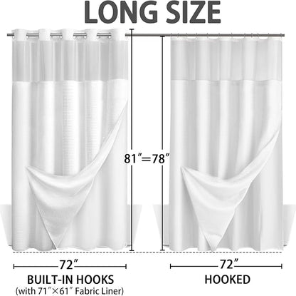 No Hook Shower Curtain and Liner Set,White Hotel Waffle Shower Curtain with Liner 81" L x 72" W