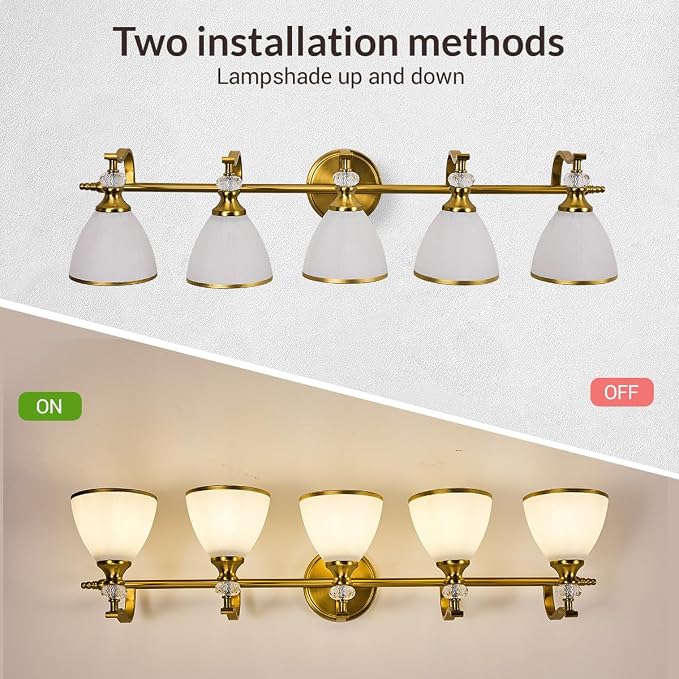 Gold Bathroom Light Fixture, 5-Light Bathroom Wall Sconces, 35 inch Brass Vanity Light with Milky White Frosted Glass Shade, Large Vintage Wall Lights for Spacious Rooms
