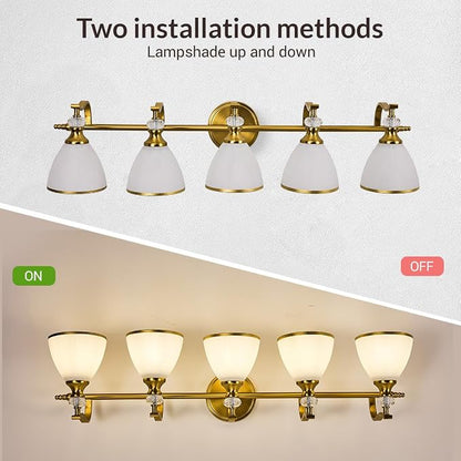 Gold Bathroom Light Fixture, 5-Light Bathroom Wall Sconces, 35 inch Brass Vanity Light with Milky White Frosted Glass Shade, Large Vintage Wall Lights for Spacious Rooms