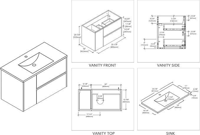 Blossom 36 Inch Bathroom Vanity with Sink - All Wood Floating Vanity Cabinet with Ceramic Sink - 2 Soft-Closing U-Shaped Cutout Drawers - Modern Bathroom Storage Vanities, Silver Grey Finish