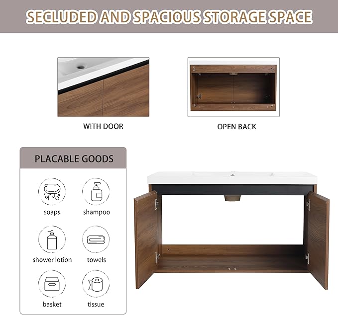 36" Floating Bathroom Vanity,36 Inch Bathroom Vanity with Sink,Single Sink Wall Mounted Vanity Combo,Dark Brown Wall Mounted Cabinet Set
