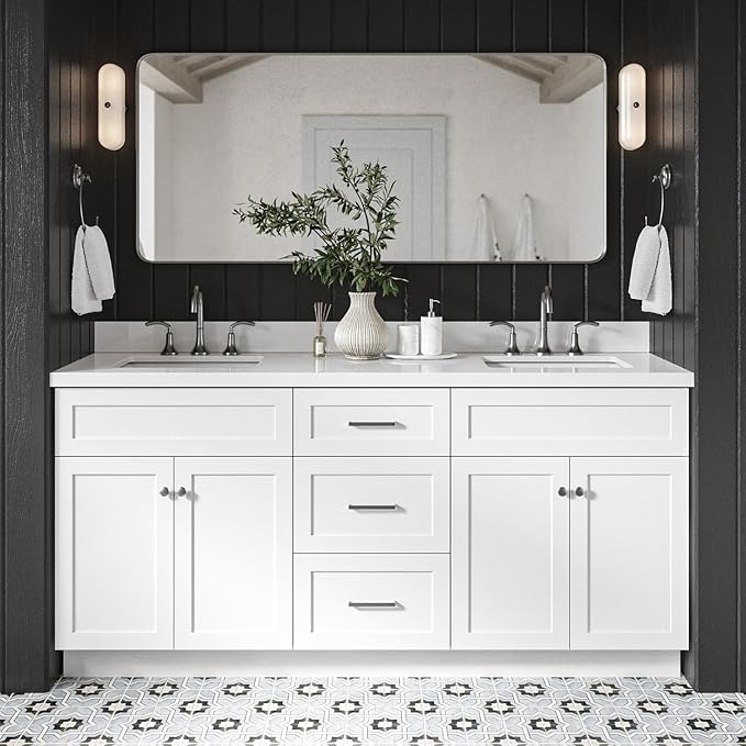 ARIEL Hamlet 72-inch Bathroom Vanity with Sink,Solid Wood, 1.5-inch Pure White Quartz Countertop & Backsplash, Double Rectangular Porcelain Sink, 4 Soft Closing Doors, 3 Dovetail Drawers, White