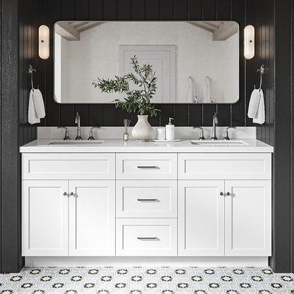 ARIEL Hamlet 72-inch Bathroom Vanity with Sink,Solid Wood, 1.5-inch Pure White Quartz Countertop & Backsplash, Double Rectangular Porcelain Sink, 4 Soft Closing Doors, 3 Dovetail Drawers, White