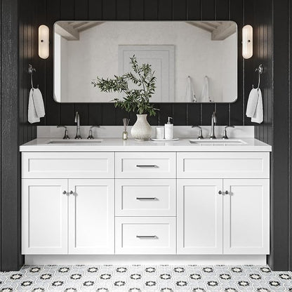ARIEL Hamlet 72-inch Bathroom Vanity with Sink,Solid Wood, 1.5-inch Pure White Quartz Countertop & Backsplash, Double Rectangular Porcelain Sink, 4 Soft Closing Doors, 3 Dovetail Drawers, White