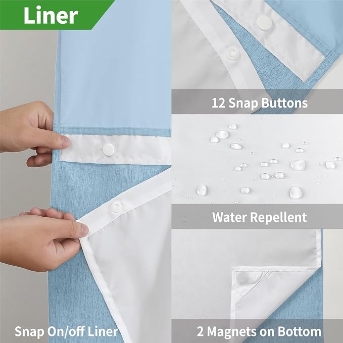 eachope No Hook Fabric Shower Curtain with Snap-in Liner,54x80 Fog Blue | Linen Texture,230GSM Thick Fabric,Hotel Luxury Decor,Mesh Window,Waterproof & Machine Washable,for Shower Stall or Bathroom