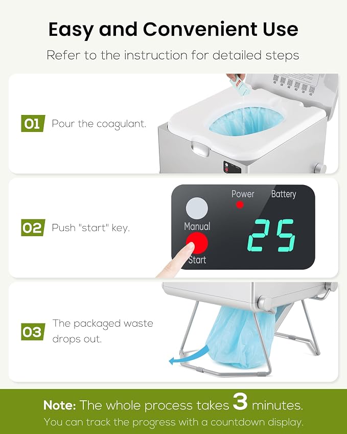 LE-310 Smart Dry Flush Toilet for RV and Off-Grid Living | Rechargeable portable toilet with waterless one-click sealing for vans, trucks, car travel, tiny homes, camping and backup