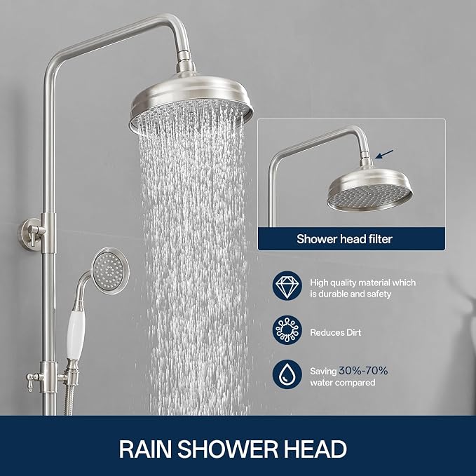 Homevacious Brushed Nickel Brass Outdoor Shower Kit Exposed Shower | 8 Inch High Pressure Rain Shower Head with Hand Spray Bathroom Shower Faucet System Double Knobs Cross Handle 3-Function