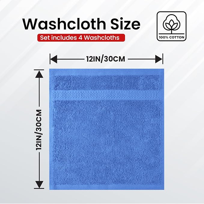Infinitee Xclusives 100% Cotton Luxury Wash Cloths for Showering - 4 Pack | Washcloths [13x13] - Soft and Absorbent Face Towels for Bathroom Wash Clothes - Gym, Spa & Hotel Use