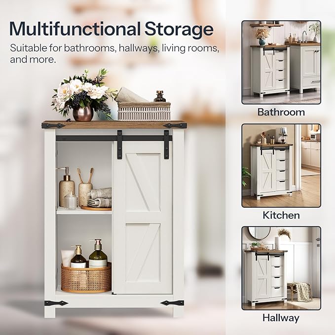 HOOBRO Bathroom Storage Cabinet, Farmhouse Cabinet with Sliding Barn Door, Adjustable Shelf and 4 Drawers, 11.8" D x 23.6" W x 31.9" H, Freestanding for Bathroom, Kitchen, White and Walnut