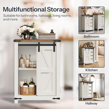 HOOBRO Bathroom Storage Cabinet, Farmhouse Cabinet with Sliding Barn Door, Adjustable Shelf and 4 Drawers, 11.8" D x 23.6" W x 31.9" H, Freestanding for Bathroom, Kitchen, White and Walnut
