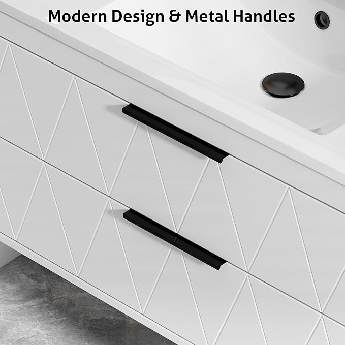 eclife 30" Bathroom Vanities Cabinet with Sink Combo, Wall Mounted Floating Cabinet W/Decor Line, Soft-Close System, 2 Extra Big Drawers, Matte Black Faucet, White