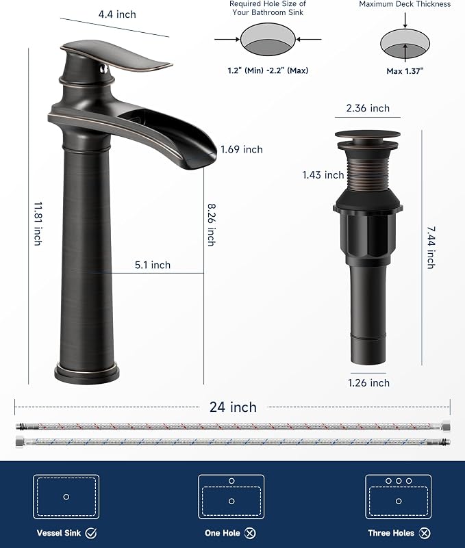 Oil Rubbed Bronze Vessel Sink Faucet Brass Waterfall Bathroom Faucet | with Pop Up Drain Assembly and Supply Hoses, Single Handle Tall Bathroom Faucets Lavatory Vanity Mixer Tap by BATHLAVISH