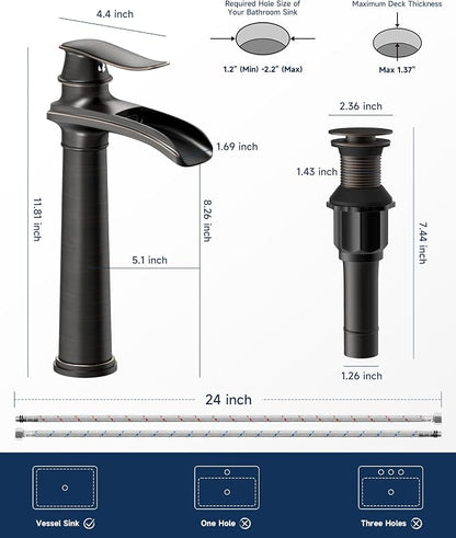Oil Rubbed Bronze Vessel Sink Faucet Brass Waterfall Bathroom Faucet | with Pop Up Drain Assembly and Supply Hoses, Single Handle Tall Bathroom Faucets Lavatory Vanity Mixer Tap by BATHLAVISH