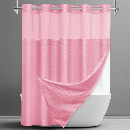 SORTTO No Hook Shower Curtain with Snap in Liner Set Waffle Shower Curtain for Bathroom Hotel Style Fabric Waterproof Inner Liner，71" W x 74" H, Pink