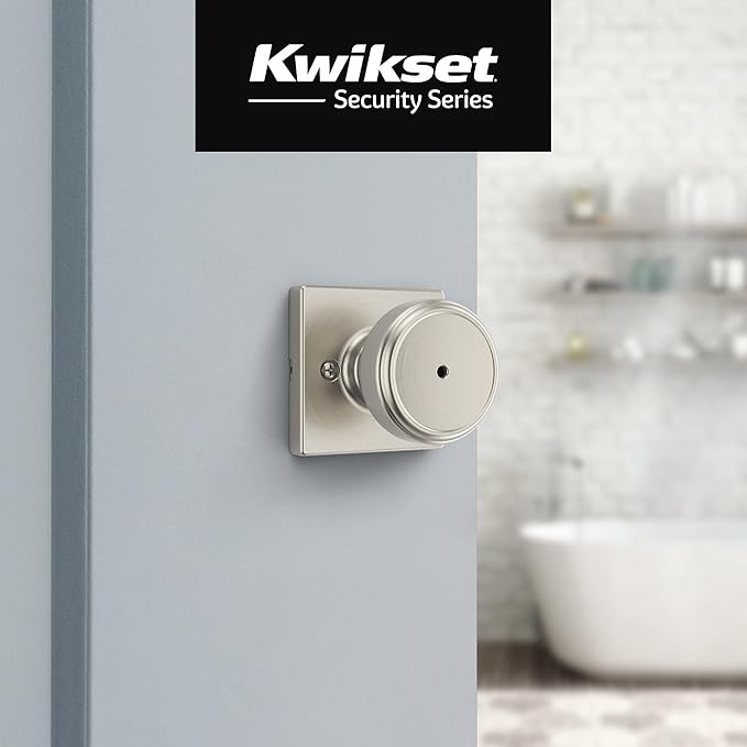 Kwikset Maven Interior Privacy Door Knob with Lock, Square Door Handle for Bathroom and Bedroom, Satin Nickel Keyless Turn Lock Doorknob, with Microban Protection