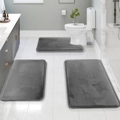Clara Clark 3 Piece Bathroom Rugs, Velvet Memory Foam Bath Mat Set, Non-Slip Bath Rugs, Machine Wash, Dries Quickly, Ultra Soft Plush Bath Mats for Bathroom, 17 x 24/20 x 32 / Contour, Grey