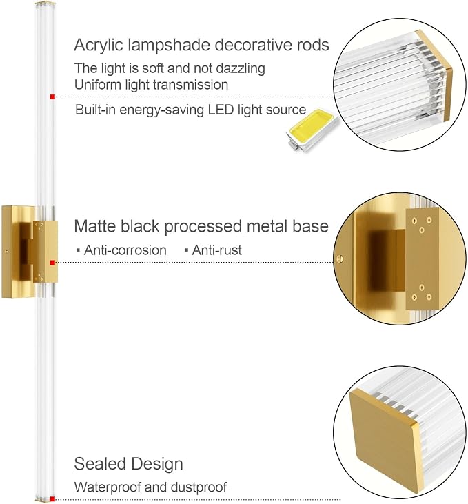 Ralbay Matte Gold 40inch Bathroom Vanity Lights Fixtures Over Mirror 32W Modern LED Modern LED Gold Vanity Light for Bathroom(5500K White Light)