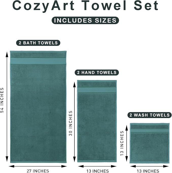 COZYART Bath Towel Set 6 PCS, Luxury 100% Turkish Cotton 650GSM Ultra Soft | Absorbent Quick Dry, OEKO‑Tex 100 Cert. Zero Twist Ring Spun Cotton, Plush Fluffy, Breathable Hotel Quality Bathroom Towels