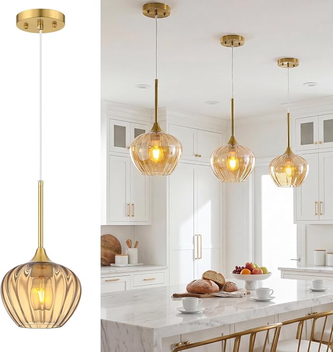 Amber Glass Pendant Lights Kitchen Island, 7.7" Vintage Adjustable Pendant Lighting Gold Hanging Light Fixtures for Kitchen, Dining Room, Sink, Bathroom