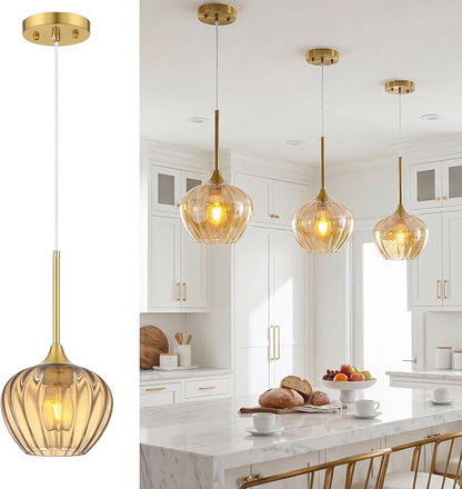 Amber Glass Pendant Lights Kitchen Island, 7.7" Vintage Adjustable Pendant Lighting Gold Hanging Light Fixtures for Kitchen, Dining Room, Sink, Bathroom
