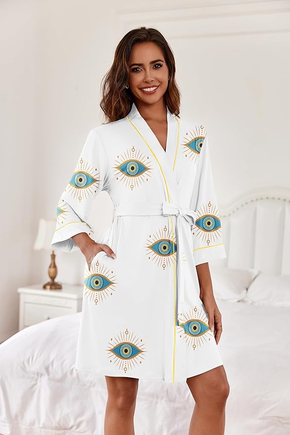 Ekouaer Women Kimono Robes Knee Length Knit Bathrobe Lightweight Soft Sleepwear V-neck Casual Ladies Loungewear