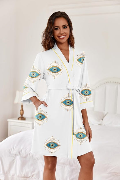 Ekouaer Women Kimono Robes Knee Length Knit Bathrobe Lightweight Soft Sleepwear V-neck Casual Ladies Loungewear