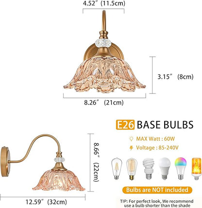 1 Piece Vintage Wall Sconce with Floral Amber Glass Shade, Matte Deep Brass Finish Wall Sconce for Bathroom,Vintage Amber Bathroom Vanity Light Fixture