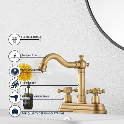 Bathroom Faucet Antique Brass GGStudy 2 Handles 4 Inches Centerset Bathroom Vanity with Drain Assembly and Supply Hose Lavatory Faucet Mixer Double Handle Tap