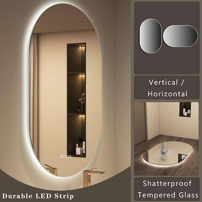 OKPAL Backlit Oval LED Bathroom Mirror with Lights 20 x 36, Pill-Shaped Lighted Vanity Mirror for Wall, Anit-Fog, Dimmable, Memory Function, Shatterproof, UL (Horizontal/Vertical)