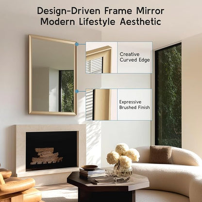 2 Pack Brushed Gold Bathroom Mirrors for Over Sink, 24x36 Inch | Champagne Gold Rectangle Vanity Mirror for Bedroom, Entryway, Living Room Decor, Aluminum Framed, Curved Wide Edge
