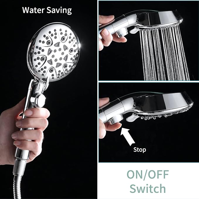 Handheld Shower Head with 79inch Extra Long Hose,ON OFF Switch. | 8 Spray Settings High Pressure Detachable Showerhead,Built-in Power Sprayer to Clean Pets, Adjustable Angle Bracket,Silver