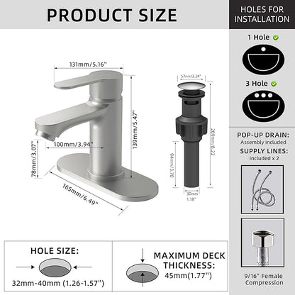 BELZ Bathroom Faucet, Single Handle Matte Black Sink Faucet for 1 or 3 Hole Installation, Modern Lead-Free Metal Vanity Faucet with Pop-Up Drain & Supply Hoses Brushed Nickel