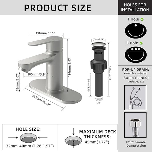 BELZ Bathroom Faucet, Single Handle Matte Black Sink Faucet for 1 or 3 Hole Installation, Modern Lead-Free Metal Vanity Faucet with Pop-Up Drain & Supply Hoses Brushed Nickel
