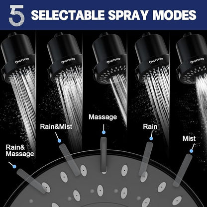 Filtered Shower Head with 5 Modes, HOPOPRO High Pressure Showerhead with Filter, 2-In-1 Fixed Showerhead Filter for Hard Water, Remove 99% Chlorine, Improves Skin Hair Condition (4 Inch Matte Black)