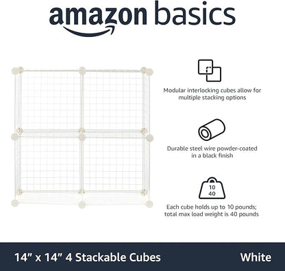 Amazon Basics 4 Cube Wire Grid Storage Organizer, Closet Organizer and Shelves, Stackable, Space-Saving, Easy to Assemble, 14"x14"x14", White