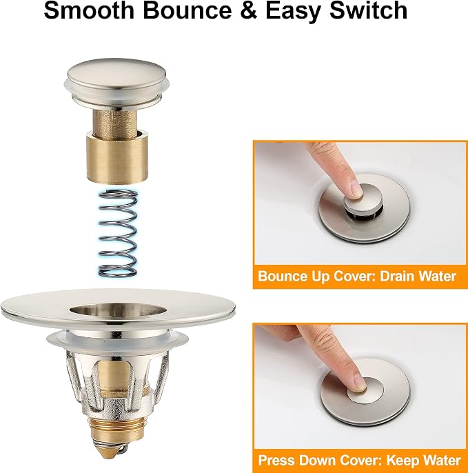 Bathroom Sink Drain Stopper for 1.1 to 1.5 inch Standard Drain Holes, Pop-up Sink Stoppers, Bullet Core Push Type Basin Drain Filter, Anti Clogging Stainless Steel Sink Strainer With Basket, Brushed