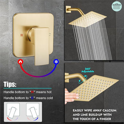 Heyalan 8-Inch Square Rain Shower Faucet Set with Valve, Brushed Gold | SUS304 stainless steel shower head, male NPT 1/2-inch valve, single-handle control, adjustable angle, 1.8 GPM