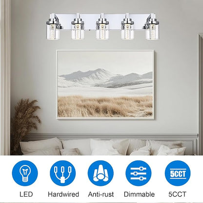 MELUCEE 31 Inch LED Vanity Light Bar Chrome 5-Light with Clear Glass Shade | Bathroom Vanity Light Modern 25W Bathroom Wall Lighting Fixtures Bubble Crystal Restroom Lights Fixtures over Sink