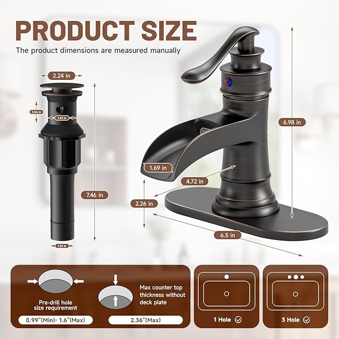 Oil Rubbed Bronze Waterfall Bathroom Faucet Single Hole Brushed Bronze Single Handle Bathroom Sink Faucets Lavatory Vanity Bath Deck Mount One Hole Mixer Tap Supply Lines Hose by Bathfinesse
