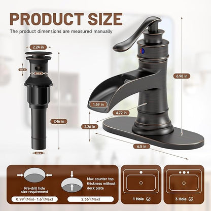 Oil Rubbed Bronze Waterfall Bathroom Faucet Single Hole Brushed Bronze Single Handle Bathroom Sink Faucets Lavatory Vanity Bath Deck Mount One Hole Mixer Tap Supply Lines Hose by Bathfinesse