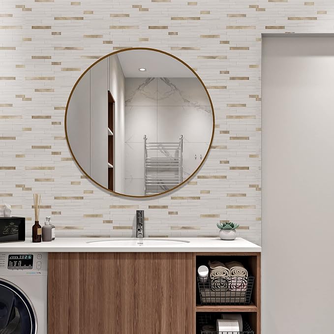 STICKGOO 2 Sheets Peel and Stick Backsplash Tile, Stick on Backsplash for Kitchen and Bathroom, Dolomite White Marble Look PVC Mixed Metal Gold Self Adhesive Wall Tiles