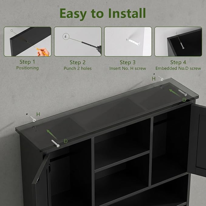 Bathroom Wall Cabinet with Doors and Hooks, 3-Tier Wall Mounted Cabinet | Modern Medicine Cabinet with 3 Open Shelves, Over the Toilet Storage Cabinet for Kitchen, Laundry Room, Living Room, Black