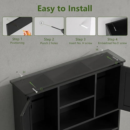 Bathroom Wall Cabinet with Doors and Hooks, 3-Tier Wall Mounted Cabinet | Modern Medicine Cabinet with 3 Open Shelves, Over the Toilet Storage Cabinet for Kitchen, Laundry Room, Living Room, Black