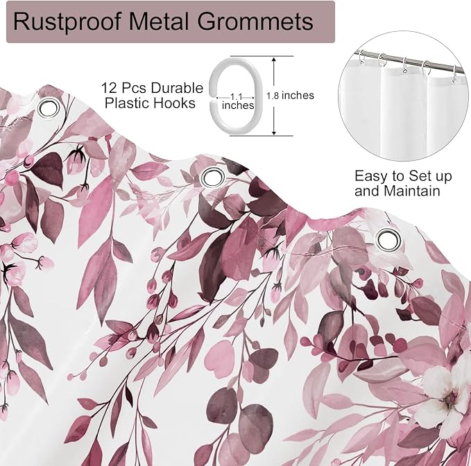 Dark Red Floral Eucalyptus Shower Curtain with Hooks, 72x78 Inch | Waterproof Fabric, Watercolor Leaves and Floral, Botanical Style, Machine Washable, Quick-Drying, for Hotel Bathroom